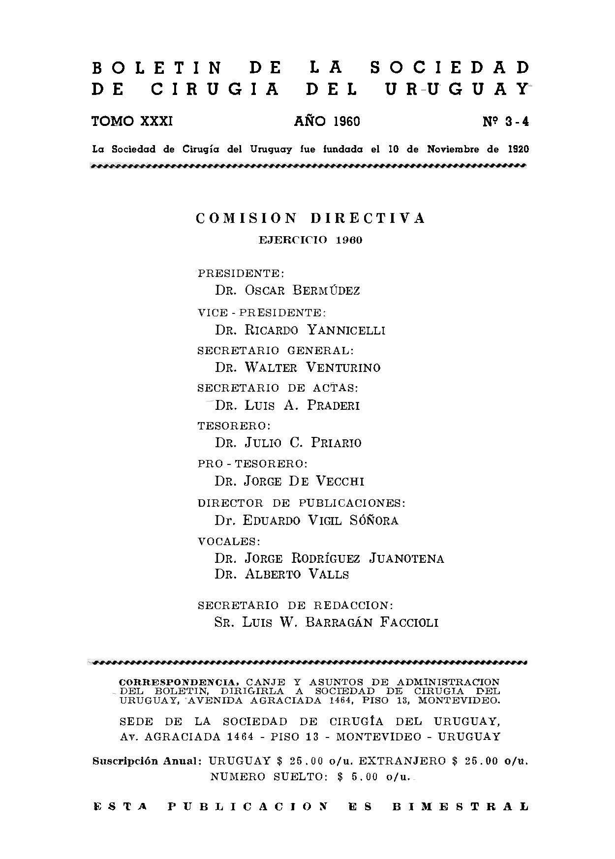 					View Vol. 31 No. 3-4 (1960): Boletín de la Sociedad de Cirugía del Uruguay
				